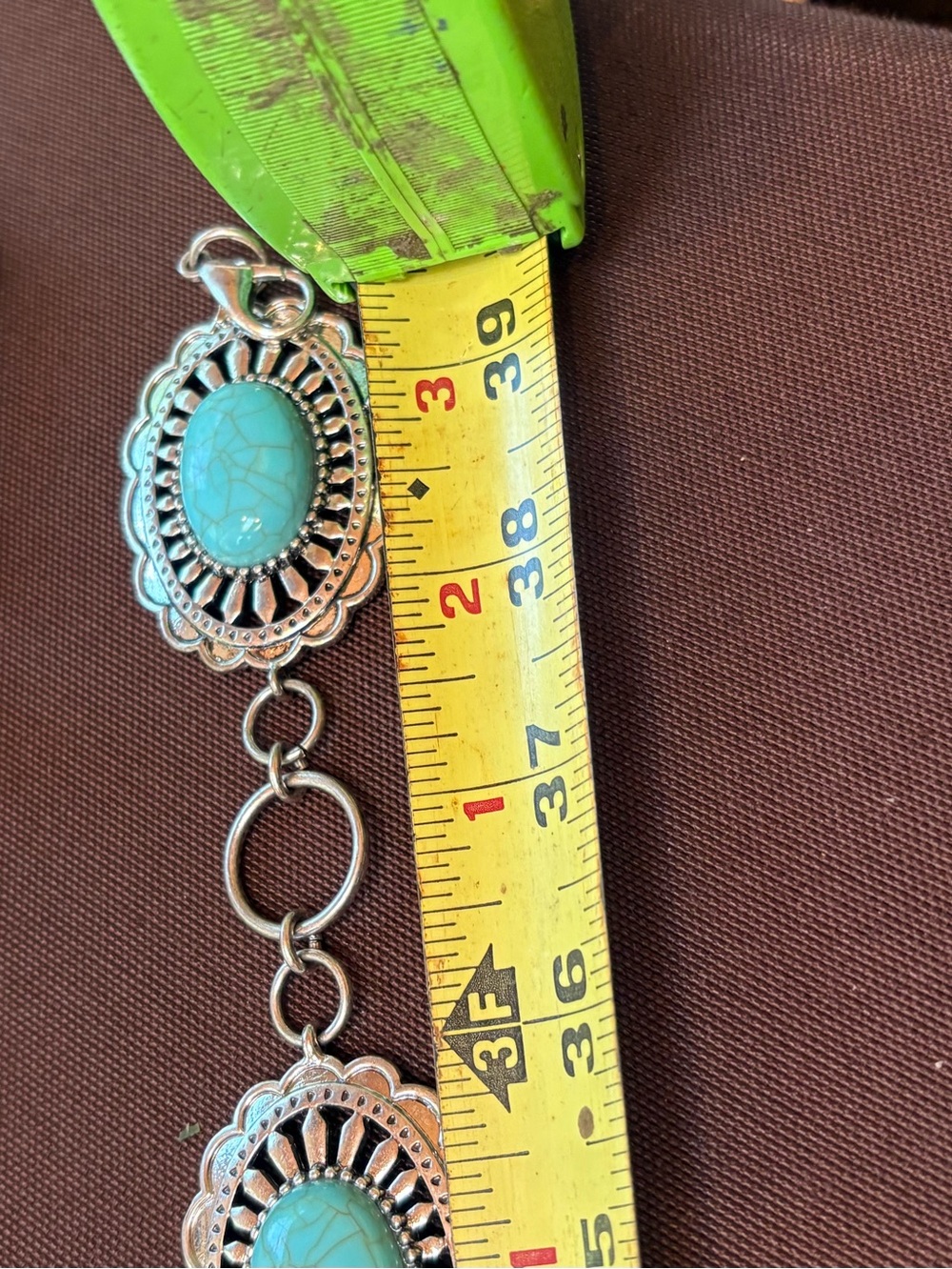 White Leather Western Belt with Turquoise Concho Chain Belt - Picture 6 of 6